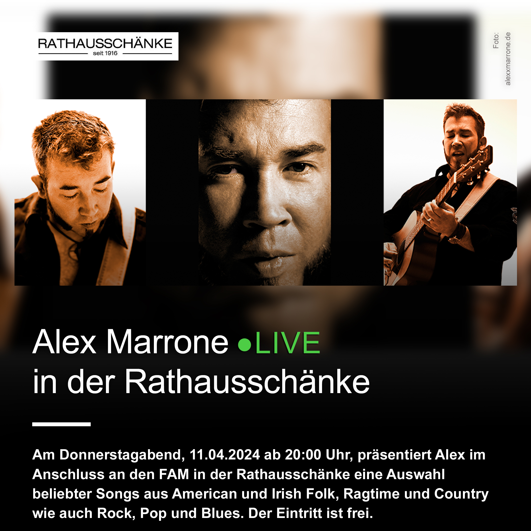 Mit einem LIVE-Musik programm nach dem Feierabendmarkt spielt Alex Marrone für unsere Gäste